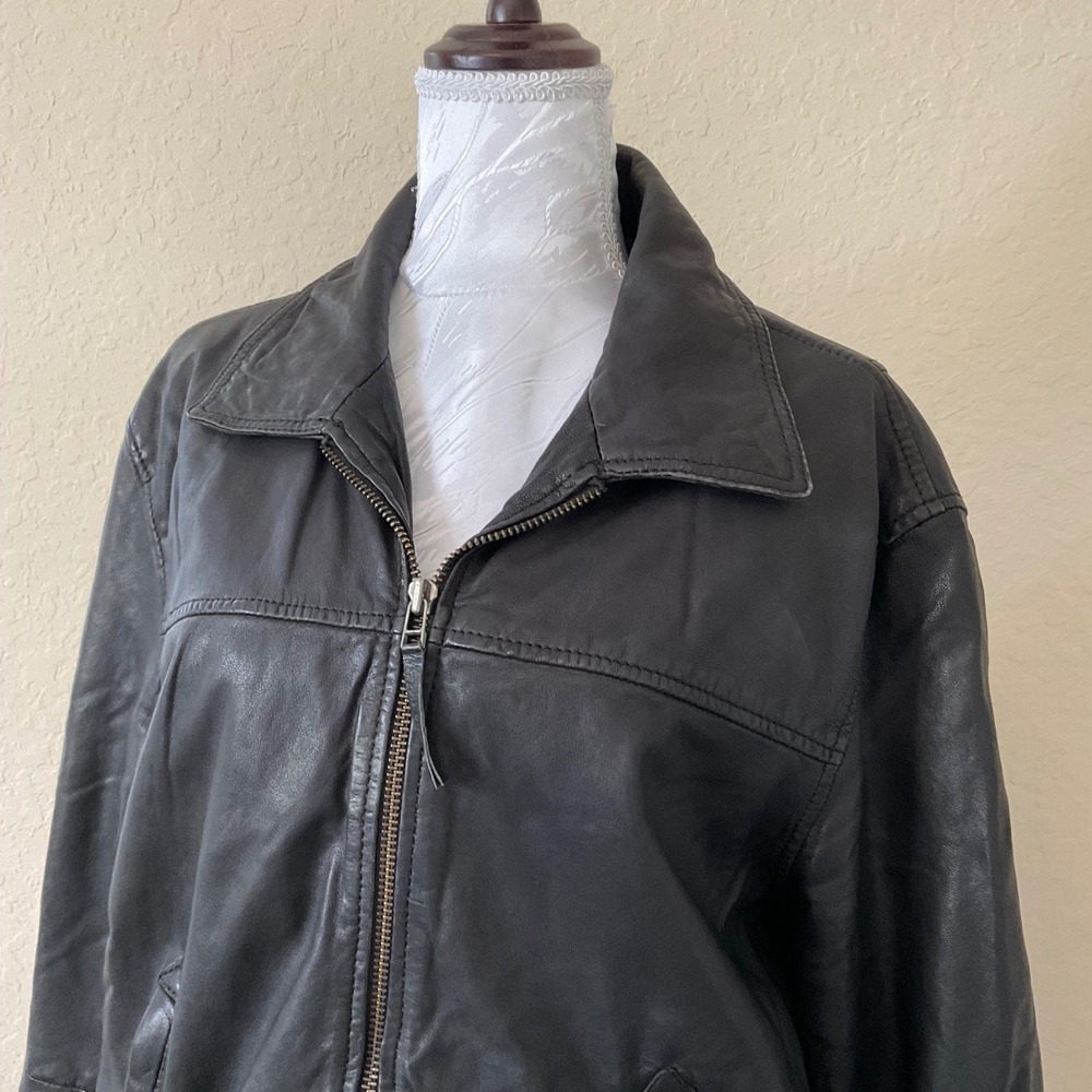 Luciano Natazzi Leather Bomber Jacket Mens L Black Flight Moto Vintage - Picture 4 of 8